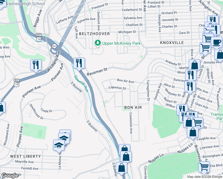 map of restaurants, bars, coffee shops, grocery stores, and more near 221 Caperton Street in Pittsburgh