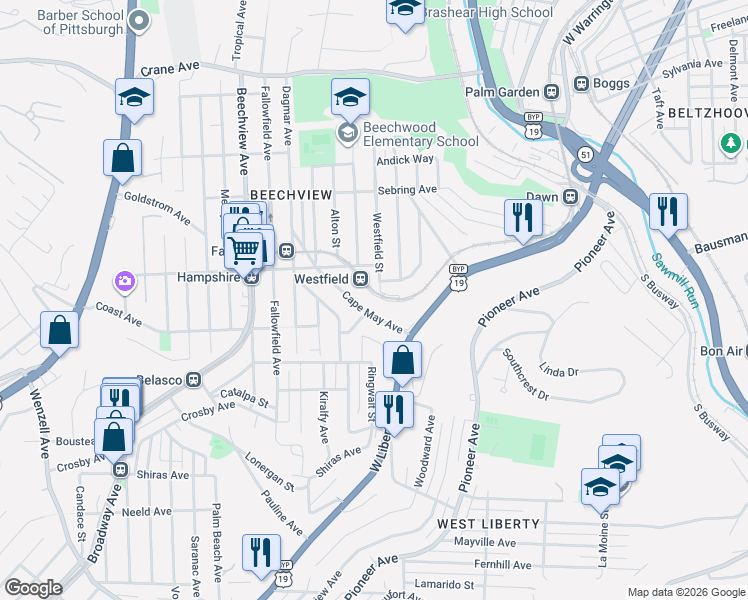 map of restaurants, bars, coffee shops, grocery stores, and more near 1619 Westfield Street in Pittsburgh
