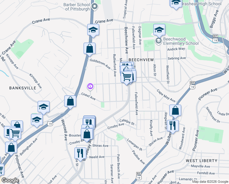 map of restaurants, bars, coffee shops, grocery stores, and more near 1611 Rutherford Avenue in Pittsburgh