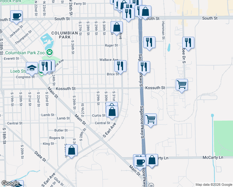 map of restaurants, bars, coffee shops, grocery stores, and more near 3015 Kossuth Street in Lafayette