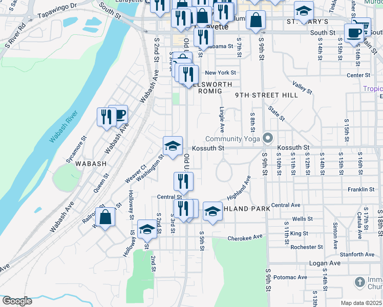 map of restaurants, bars, coffee shops, grocery stores, and more near 508 Kossuth Street in Lafayette