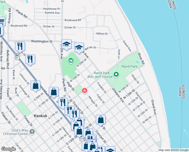 map of restaurants, bars, coffee shops, grocery stores, and more near 604 N 18th St in Keokuk