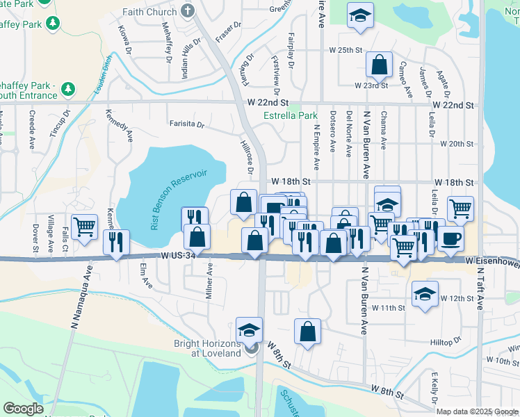 map of restaurants, bars, coffee shops, grocery stores, and more near 1715 Wilson Avenue in Loveland