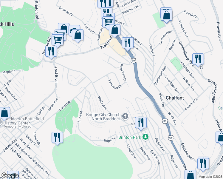 map of restaurants, bars, coffee shops, grocery stores, and more near 213 Parklane Drive in Braddock