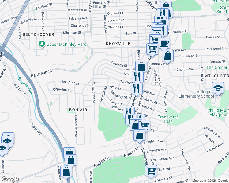 map of restaurants, bars, coffee shops, grocery stores, and more near 301 Alice Street in Pittsburgh