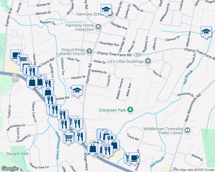 map of restaurants, bars, coffee shops, grocery stores, and more near 12 Coral Place in Middletown