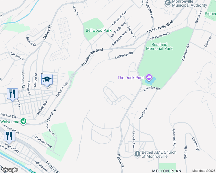 map of restaurants, bars, coffee shops, grocery stores, and more near 418 Shady Ridge Drive in Monroeville