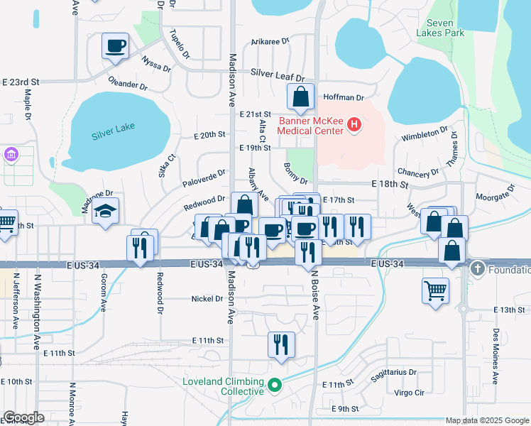 map of restaurants, bars, coffee shops, grocery stores, and more near 1323 East 16th Street in Loveland