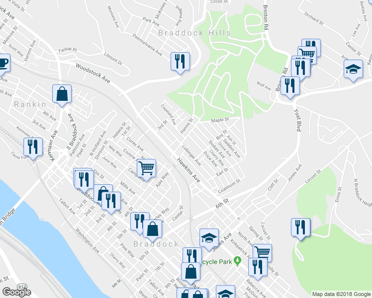 map of restaurants, bars, coffee shops, grocery stores, and more near 899 Ajax Way in Braddock