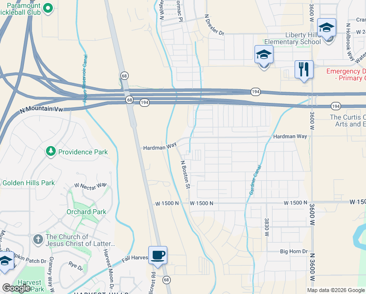 map of restaurants, bars, coffee shops, grocery stores, and more near 4345 West 1850 North in Lehi