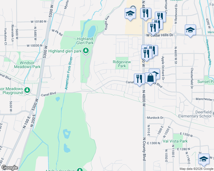 map of restaurants, bars, coffee shops, grocery stores, and more near 5032 Northwood Lane in Highland
