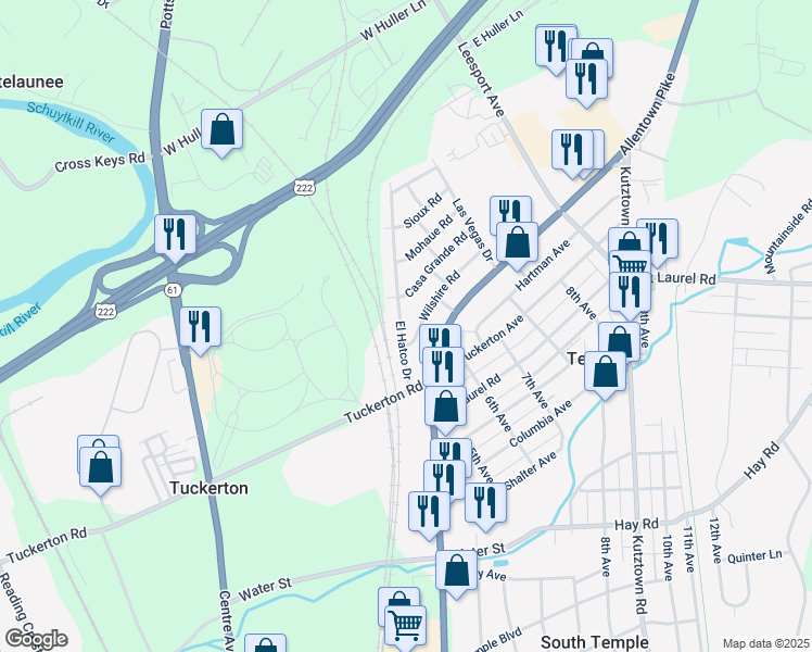map of restaurants, bars, coffee shops, grocery stores, and more near 5112 Wilshire Road in Temple