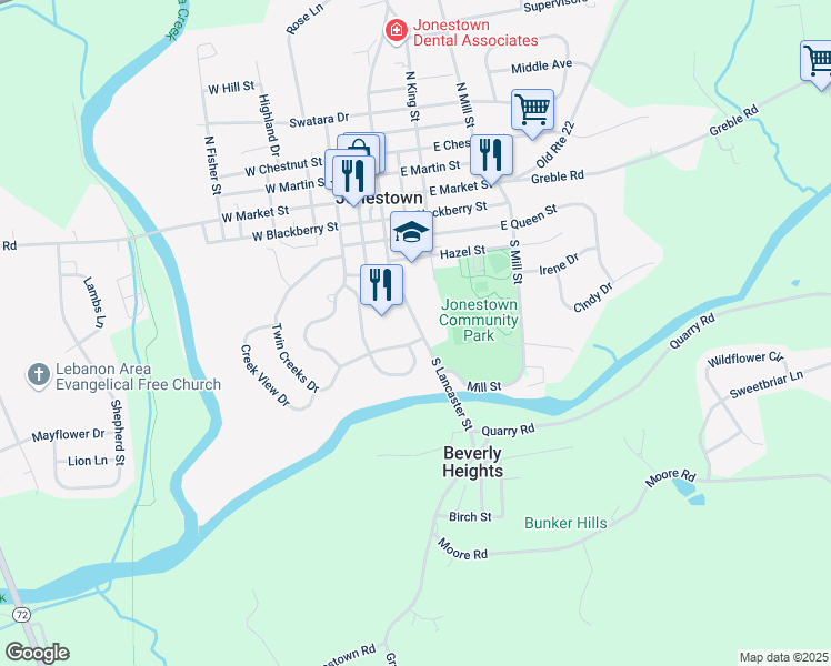 map of restaurants, bars, coffee shops, grocery stores, and more near 217 South Lancaster Street in Jonestown