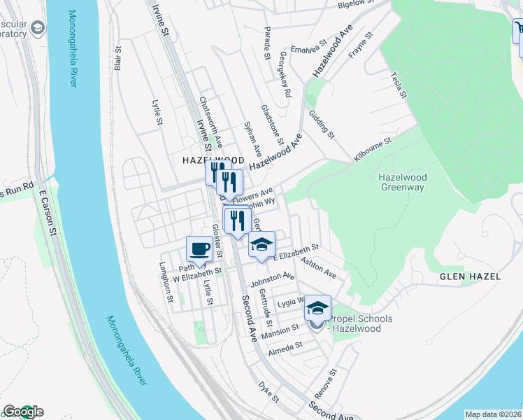 map of restaurants, bars, coffee shops, grocery stores, and more near 207 Glen Caladh Street in Pittsburgh