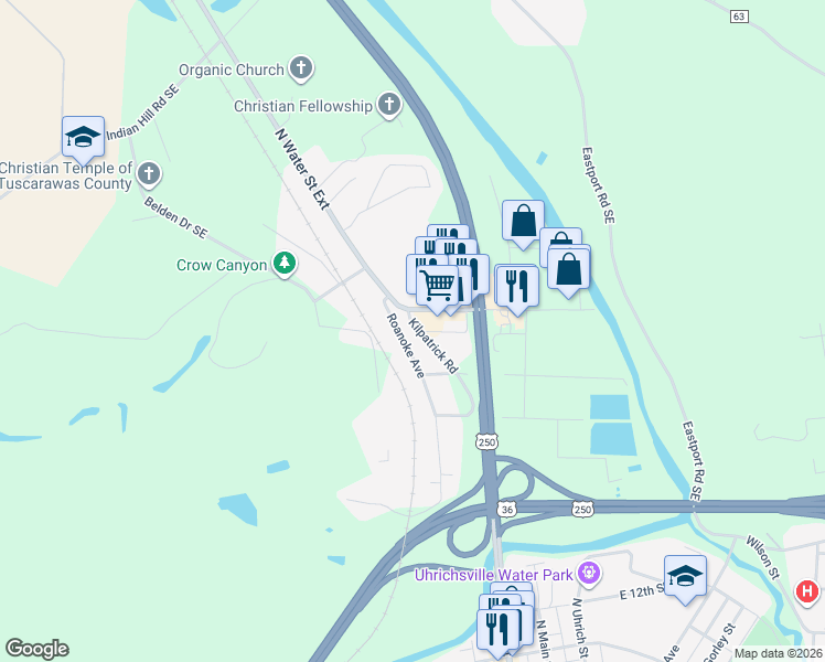 map of restaurants, bars, coffee shops, grocery stores, and more near 1641 Roanoke Avenue in Uhrichsville