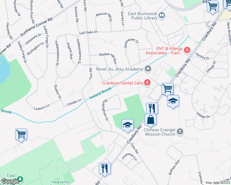 map of restaurants, bars, coffee shops, grocery stores, and more near 24 Buckingham Drive in East Brunswick