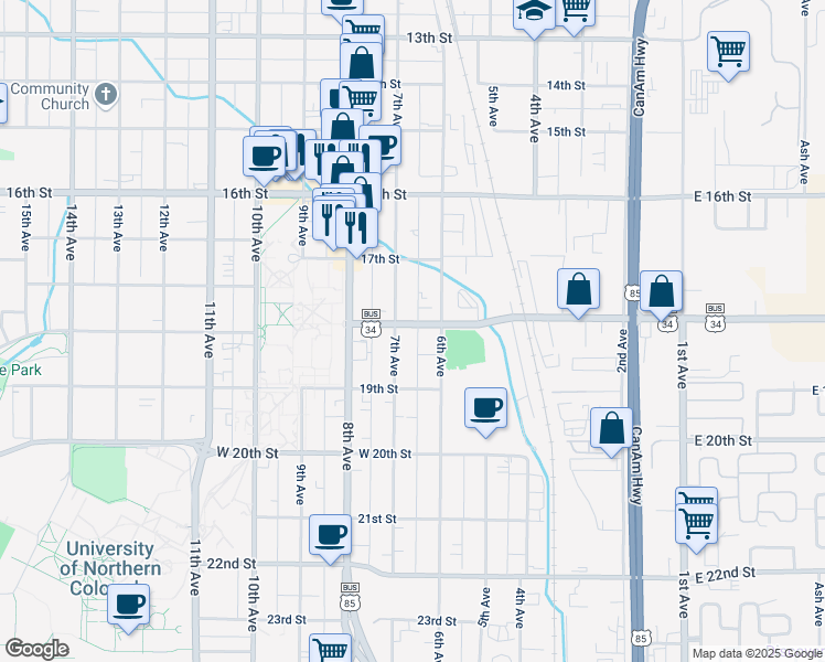map of restaurants, bars, coffee shops, grocery stores, and more near 611 18th Street in Greeley