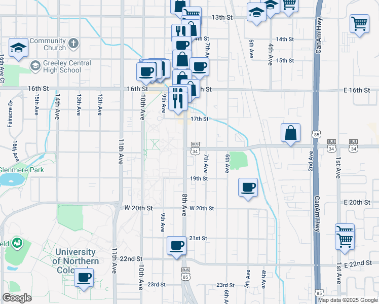 map of restaurants, bars, coffee shops, grocery stores, and more near 1744 U.S. 85 Business in Greeley