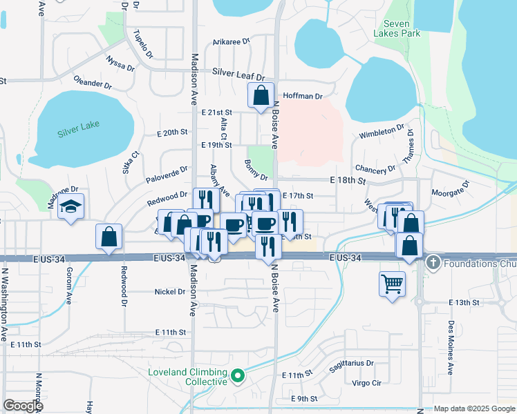map of restaurants, bars, coffee shops, grocery stores, and more near 1600 Axial Drive in Loveland