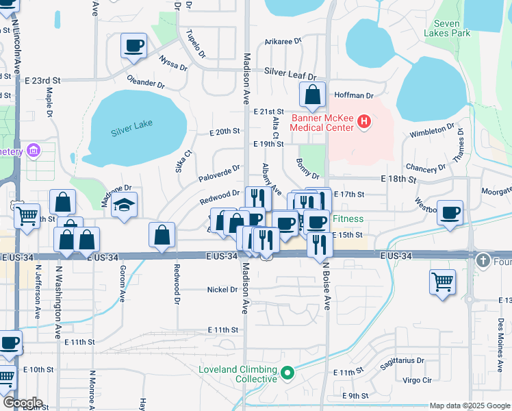 map of restaurants, bars, coffee shops, grocery stores, and more near 1304 Redwood Drive in Loveland