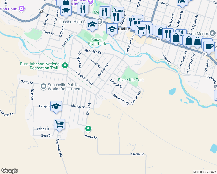 map of restaurants, bars, coffee shops, grocery stores, and more near 500 Limoneria Avenue in Susanville