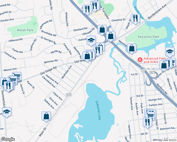 map of restaurants, bars, coffee shops, grocery stores, and more near 90 Main Street in East Brunswick