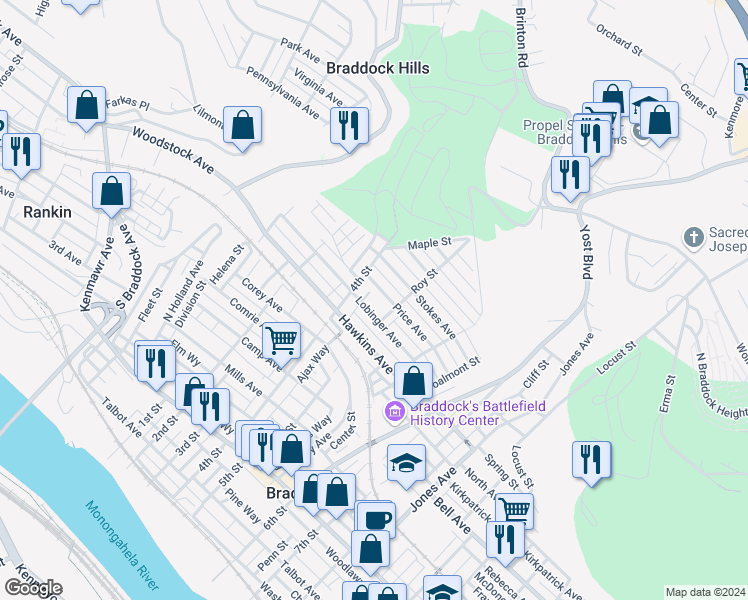map of restaurants, bars, coffee shops, grocery stores, and more near 427 Price Avenue in Braddock