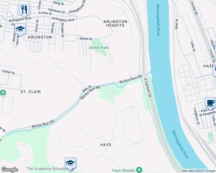 map of restaurants, bars, coffee shops, grocery stores, and more near 846 Becks Run Road in Pittsburgh