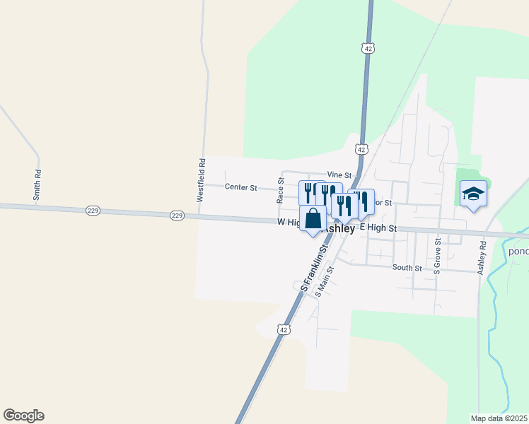 map of restaurants, bars, coffee shops, grocery stores, and more near in Ashley