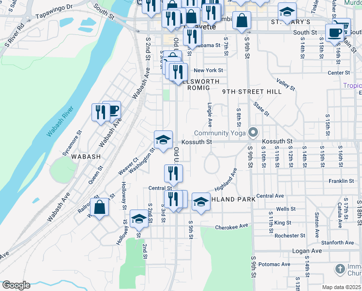 map of restaurants, bars, coffee shops, grocery stores, and more near 508 Kossuth Street in Lafayette