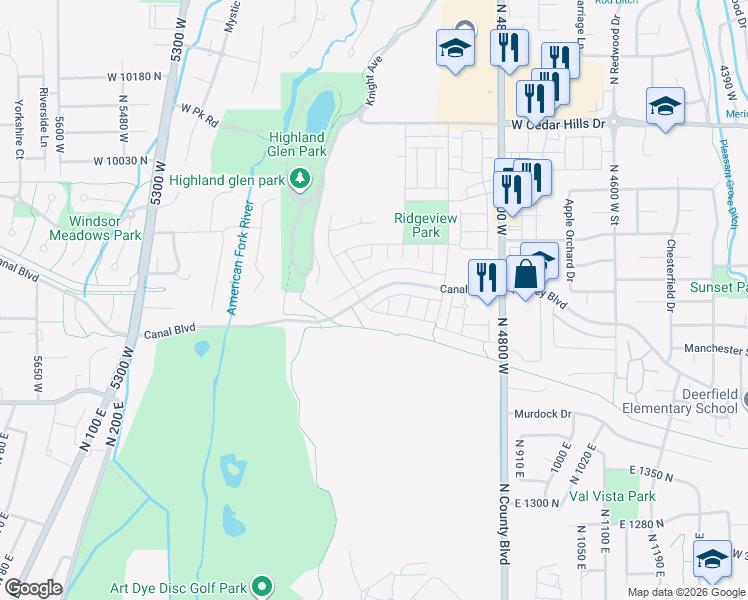 map of restaurants, bars, coffee shops, grocery stores, and more near 5032 Northwood Lane in Highland