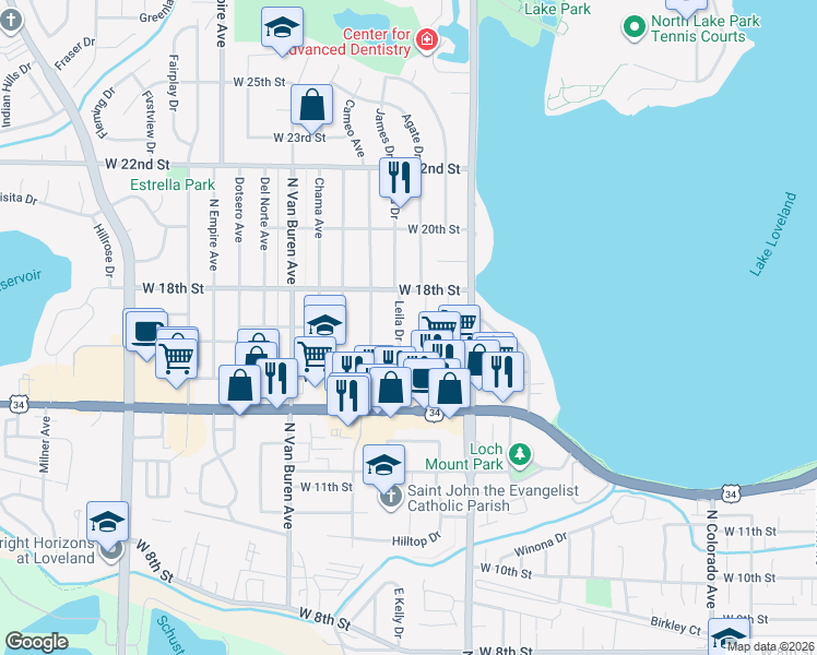 map of restaurants, bars, coffee shops, grocery stores, and more near 1701 Agate Court in Loveland