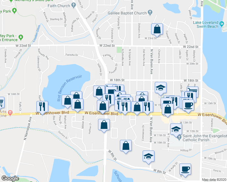 map of restaurants, bars, coffee shops, grocery stores, and more near 1714 Greeley Drive in Loveland