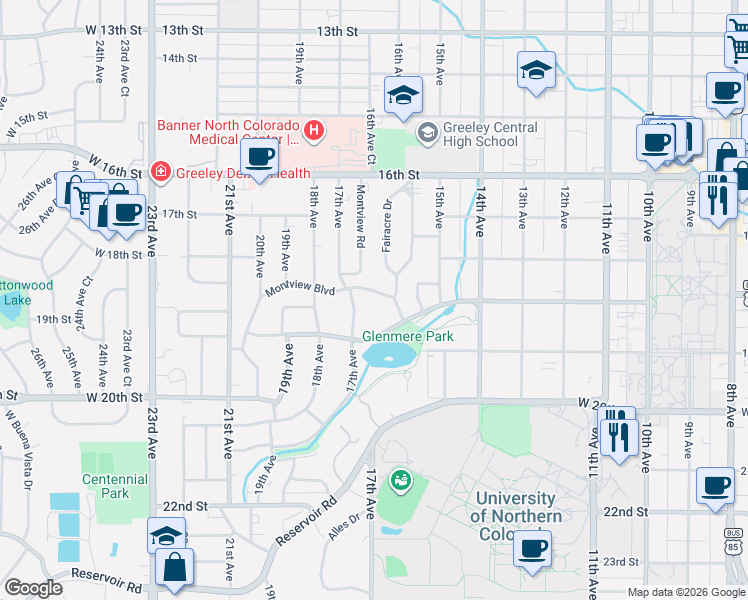 map of restaurants, bars, coffee shops, grocery stores, and more near 1616 Montview Road in Greeley