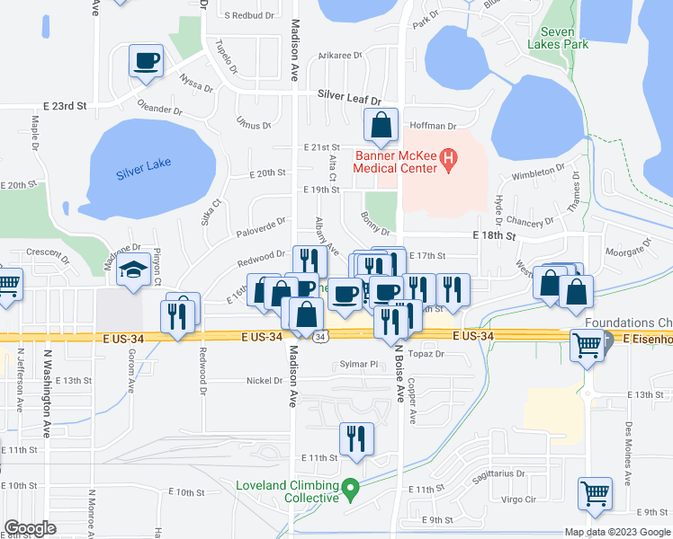 map of restaurants, bars, coffee shops, grocery stores, and more near 1321 East 16th Street in Loveland