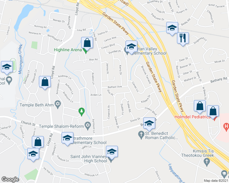 map of restaurants, bars, coffee shops, grocery stores, and more near 6 Belfast Avenue in Hazlet