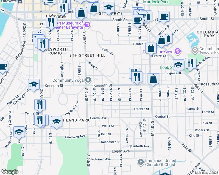 map of restaurants, bars, coffee shops, grocery stores, and more near 1119 Kossuth Street in Lafayette