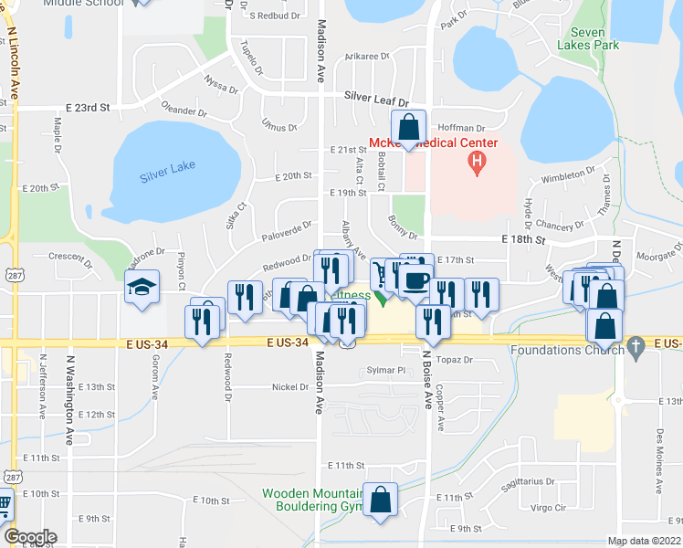 map of restaurants, bars, coffee shops, grocery stores, and more near 1309 East 16th Street in Loveland