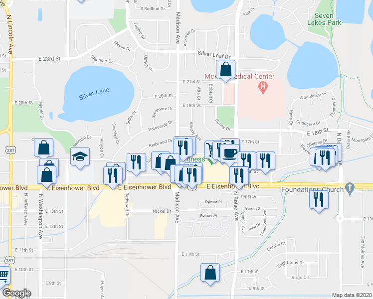 map of restaurants, bars, coffee shops, grocery stores, and more near 1307 East 16th Street in Loveland