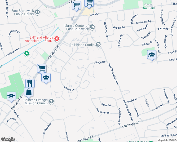map of restaurants, bars, coffee shops, grocery stores, and more near 398 McDowell Drive in East Brunswick