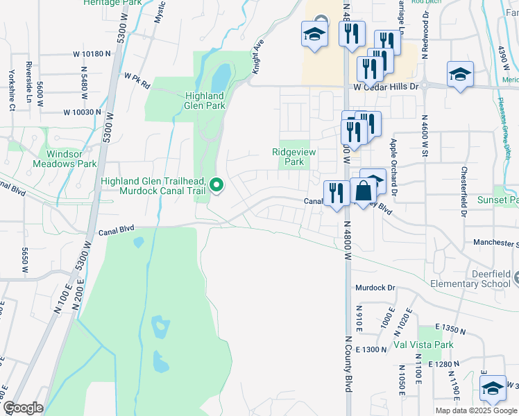 map of restaurants, bars, coffee shops, grocery stores, and more near 5032 Northwood Lane in Highland