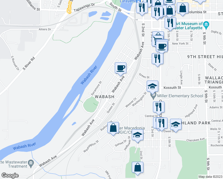 map of restaurants, bars, coffee shops, grocery stores, and more near 920 Wabash Avenue in Lafayette