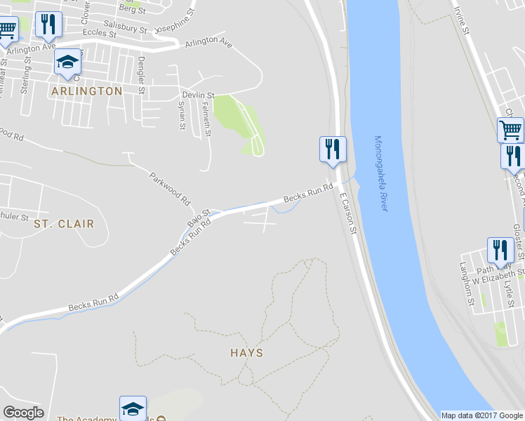 map of restaurants, bars, coffee shops, grocery stores, and more near 846 Becks Run Road in Pittsburgh