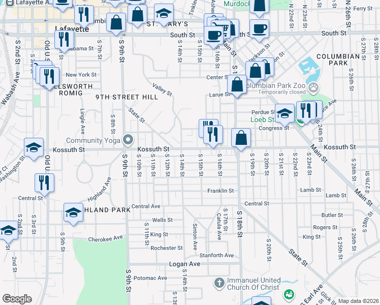 map of restaurants, bars, coffee shops, grocery stores, and more near 1402 Kossuth Street in Lafayette