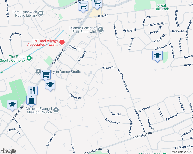 map of restaurants, bars, coffee shops, grocery stores, and more near 325 McDowell Drive in East Brunswick