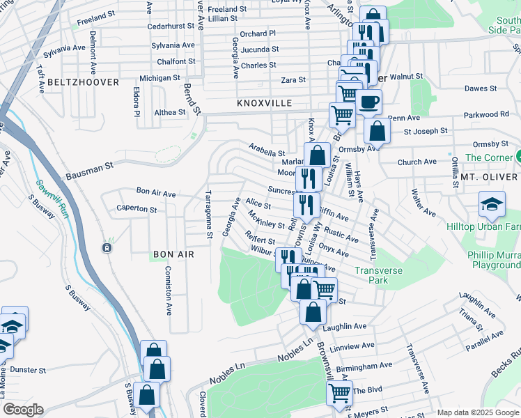 map of restaurants, bars, coffee shops, grocery stores, and more near 301 Alice Street in Pittsburgh
