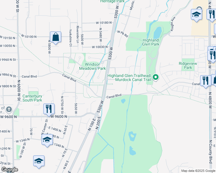 map of restaurants, bars, coffee shops, grocery stores, and more near 5442 West Pebble Lane in Highland