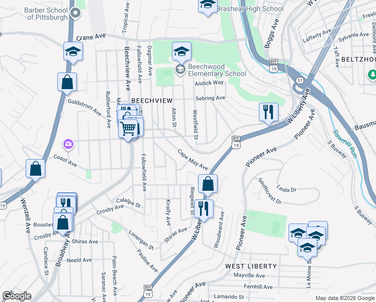 map of restaurants, bars, coffee shops, grocery stores, and more near 306 Cape May Avenue in Pittsburgh