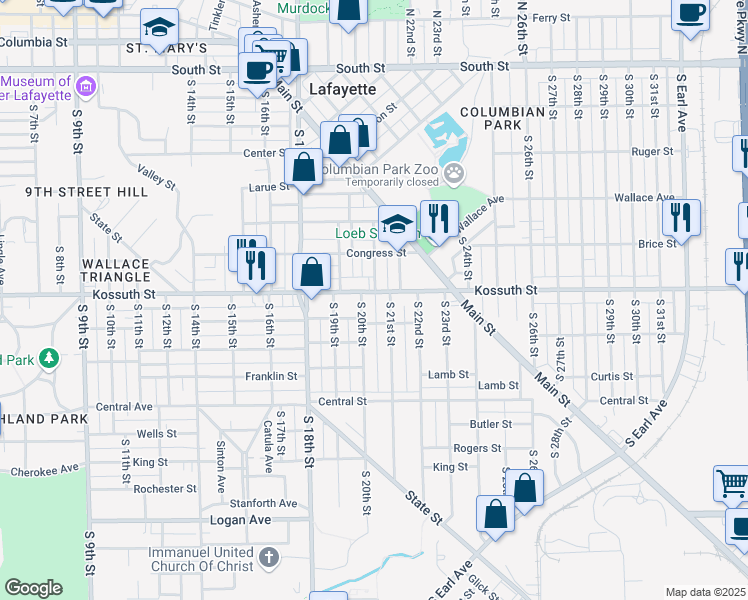 map of restaurants, bars, coffee shops, grocery stores, and more near 2007 Kossuth Street in Lafayette