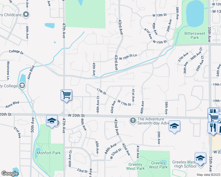 map of restaurants, bars, coffee shops, grocery stores, and more near 4346 West 16th Street Road in Greeley